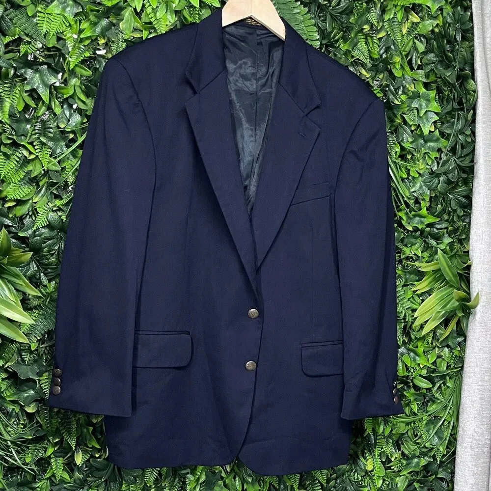 VINTAGE OSCAR DE LA RENTA Jacket‎ Men 44S Blue Blazer 100% Wool Sport Coat Lined